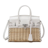 Smooth-Leather & Straw Top-Handle Bag